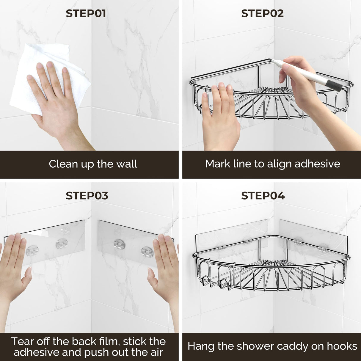 Orimade Corner Shower Caddy Stainless Steel with Hooks Wall Mounted Bathroom Shelf Storage Organizer Adhesive No Drilling 2 Pack, Silver Only for 90-Degree Corner Orimade