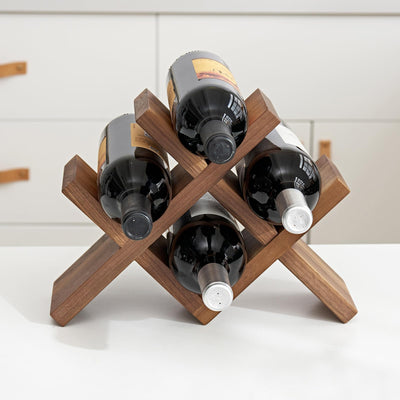 OAKERLAND Walnut Wood Wine Storage Rack Countertop, 4 Bottle Wine Rack Free Standing Wine Storage, Wine Shelf Organizer, Perfect for Home Décor and Wine Gifts, No Need Assembly (Walnut)