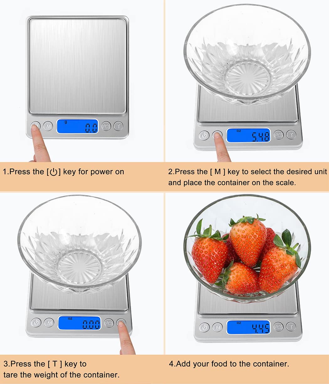 Food Scale Digital Kitchen Scale for Food Ounces and Grams, Small Electronic Pocket Scale for Weight Loss, Baking, Cooking, Coffee, Jewelry, 6.6lb/3kg, 0.01oz/0.1g Precision (Batteries, 2 Trays) Sylhair