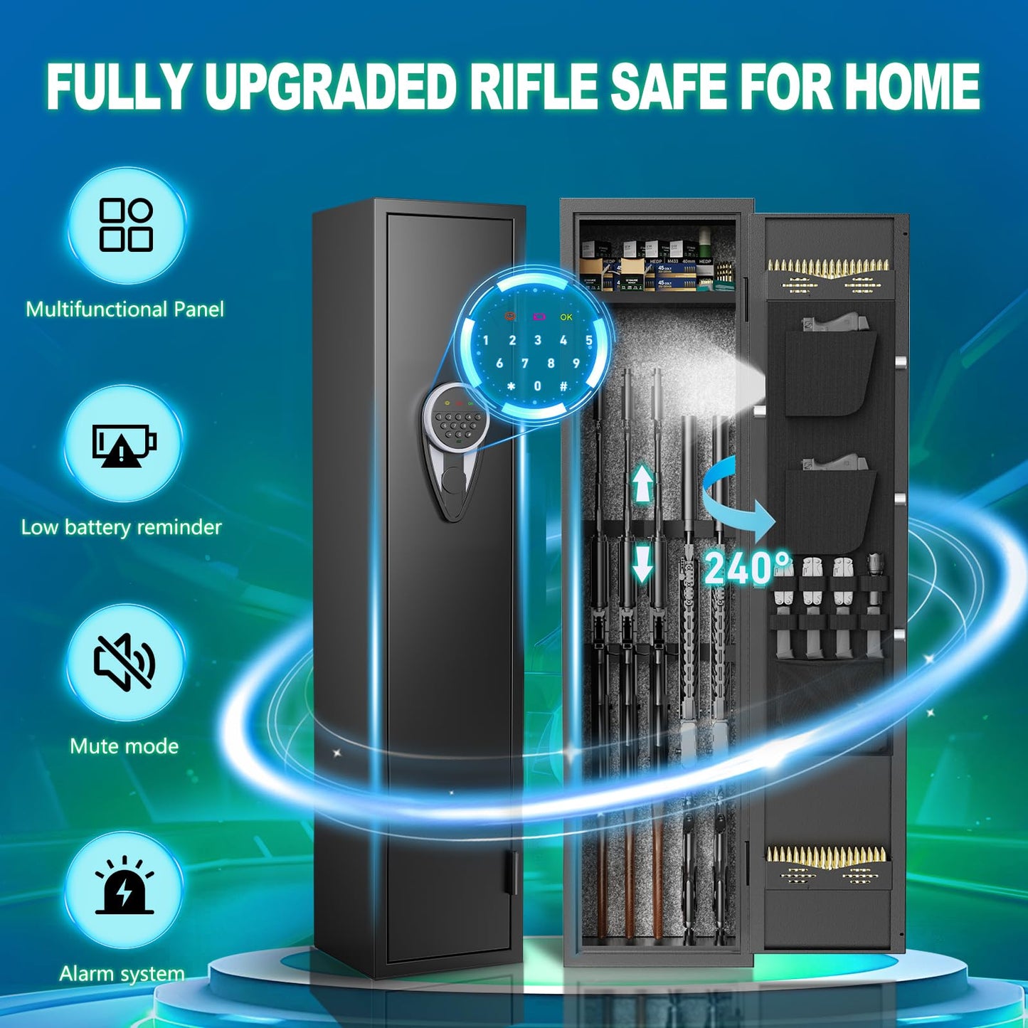 3-5 Digital Large Rifle Safe for Rifle and Pistols,Long Gun Safe for Rifle and Shotguns with Multifunctional Panel and Upgraded Pistol Pouches,Gun cabinet with LED&Alarm and Mute Mode