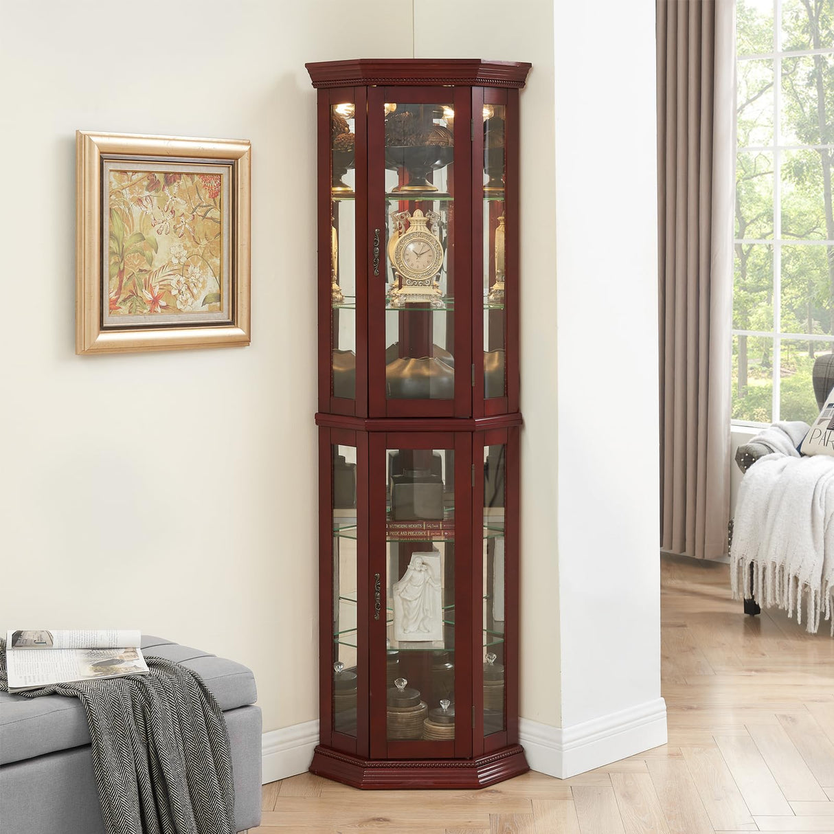 HomJoones Lighted Corner Display Curio Cabinet Wooden Curved Shelving Unit with Tempered Glass Door, Adjustable Tempered Glass Shelves, Bar and Liquor Storage Area, Display Cabinet (Cherry) HomJoones