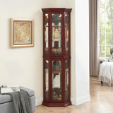 HomJoones Lighted Corner Display Curio Cabinet Wooden Curved Shelving Unit with Tempered Glass Door, Adjustable Tempered Glass Shelves, Bar and Liquor Storage Area, Display Cabinet (Cherry) HomJoones