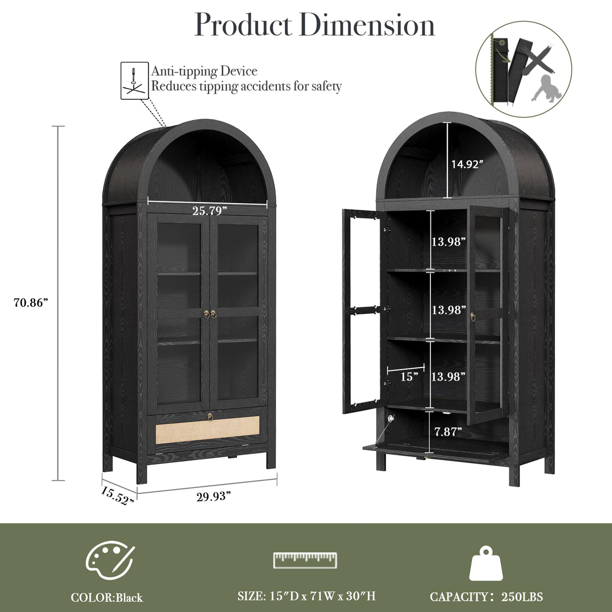 CHYMSUN 71” Tall Arched Kitchen Pantry Cabinet, Modern Farmhouse Hutch Storage Cabinets with Large Drawer and Glass Doors for Kitchen, Dining Room, Living Room, Black CHYMSUN