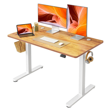 FAMISKY Height Adjustable Standing Desk, 48x 24 Inch Electric Stand up Home Office Table, Sit Stand Desk Computer Workstation with Splice Board, White Frame & Light Rustic Brown Desktop FAMISKY