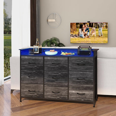 EXOTICA Black Dresser with Charging Station 9 Drawers Dresser with LED Light and USB Ports Fabric Dresser for Bedroom Hallway Entryway Closets Sturdy Steel Frame Wood Top EXOTICA