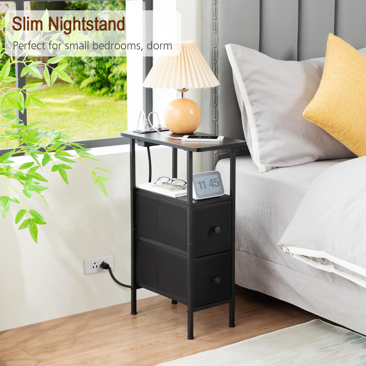 LOAKEKEL Narrow End Table Living Room with Charging Station, Skinny Side Table with Fabric Drawers, Slim Nightstand for Bedroom, Small Spaces, Couch, Black, HETNDP02BK-1 LOAKEKEL