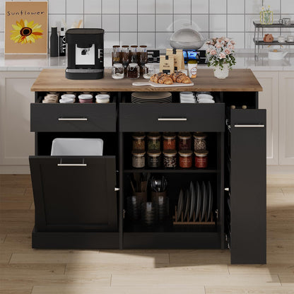 4 EVER WINNER Kitchen Island with Storage, 52" Rolling Kitchen Island on Wheels with Trash Can Storage & Pull Out Spice Rack, Kitchen Cart Island Table for Kitchen, Black