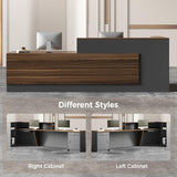 Modern L-Shaped Reception Desk with Hutch, Office Reception Counter Table with Lockable Drawer and Door Cabinet, Wooden Computer Front Desk (Walnut+lron Gray-Right Cabinet, 62.99"L*23.62"W*41.34"H) Nuipesn