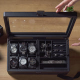 Vlando 6-Slot Watch Box Organize, Lockable Watch Case with Textured Leather, 2 Layer Watch Holder for Rings, Bracelets, Glasses, Glass Lid, Removable Divider, Gift for Fathers, Husband, Friend, Black Vlando