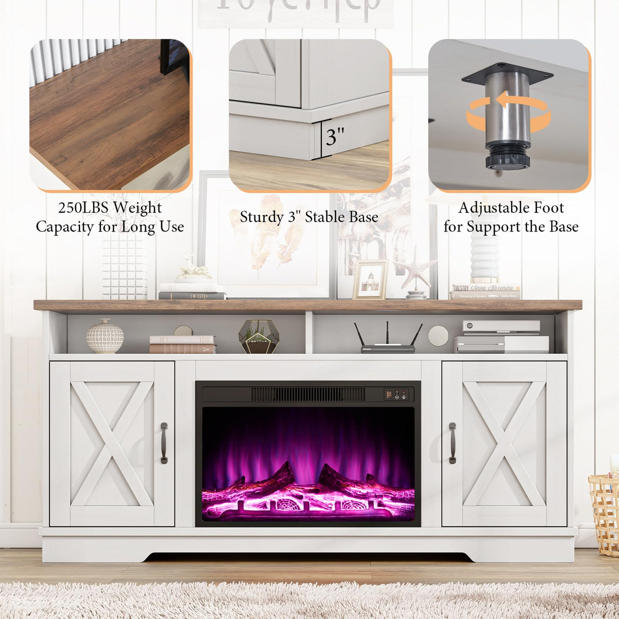 AMERLIFE 63" Farmhouse TV Stand with 26" Fireplace, for TVs up to 73", Media Entertainment Center with Adjustable Shelf & Barn Doors, Rustic TV Console Cabinet for Living Room, Rustic Oak & White AMERLIFE