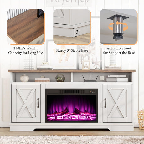AMERLIFE 63" Farmhouse TV Stand with 26" Fireplace, for TVs up to 73", Media Entertainment Center with Adjustable Shelf & Barn Doors, Rustic TV Console Cabinet for Living Room, Rustic Oak & White AMERLIFE