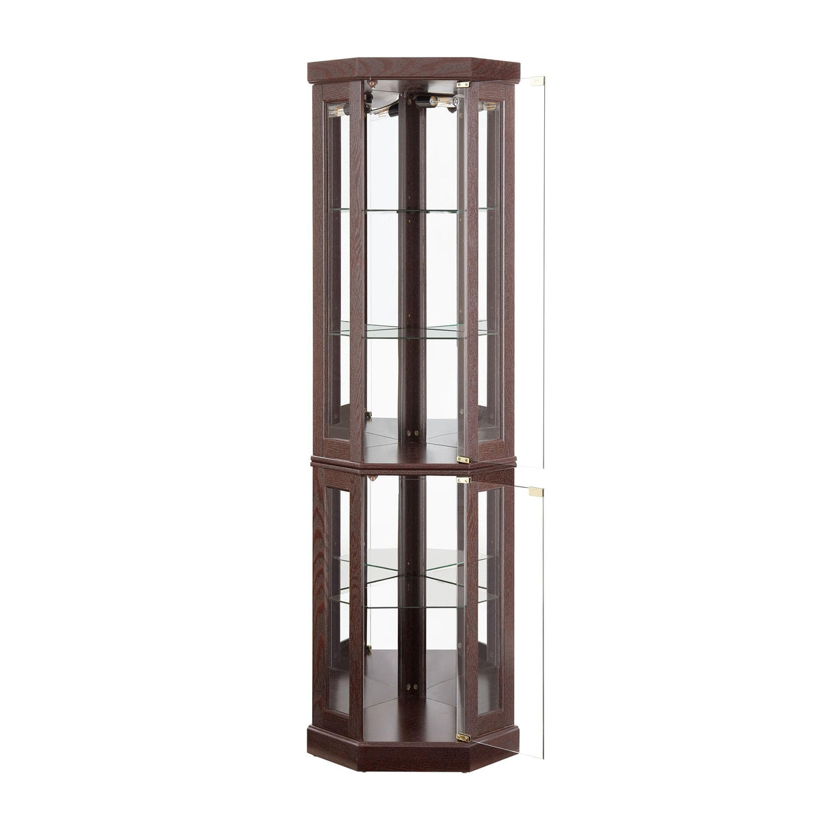 HRVEOCEI Curio Cabinet with Lighted, Display Cabinet with Glass Doors, Corner China Cabinet with Tempered Adjustable Glass Shelves & Carved Decoration(Dark Cherry, Tall) HRVEOCEI