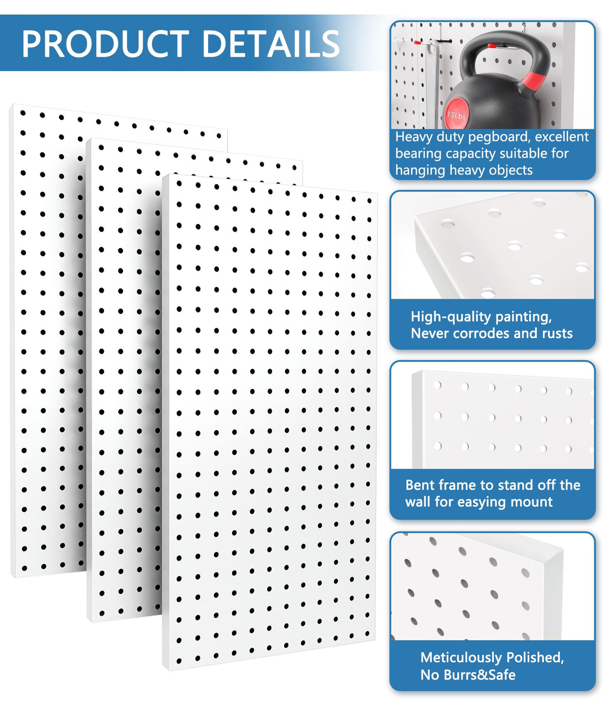COLCUT Pegboard Organization System for Wall, 3 Pack Metal Pegboard (12x24 Inch) with 58 Hooks, Perfect for Home Office, Kitchen, Craft Room, Living Area and Indoor Porch,White COLCUT