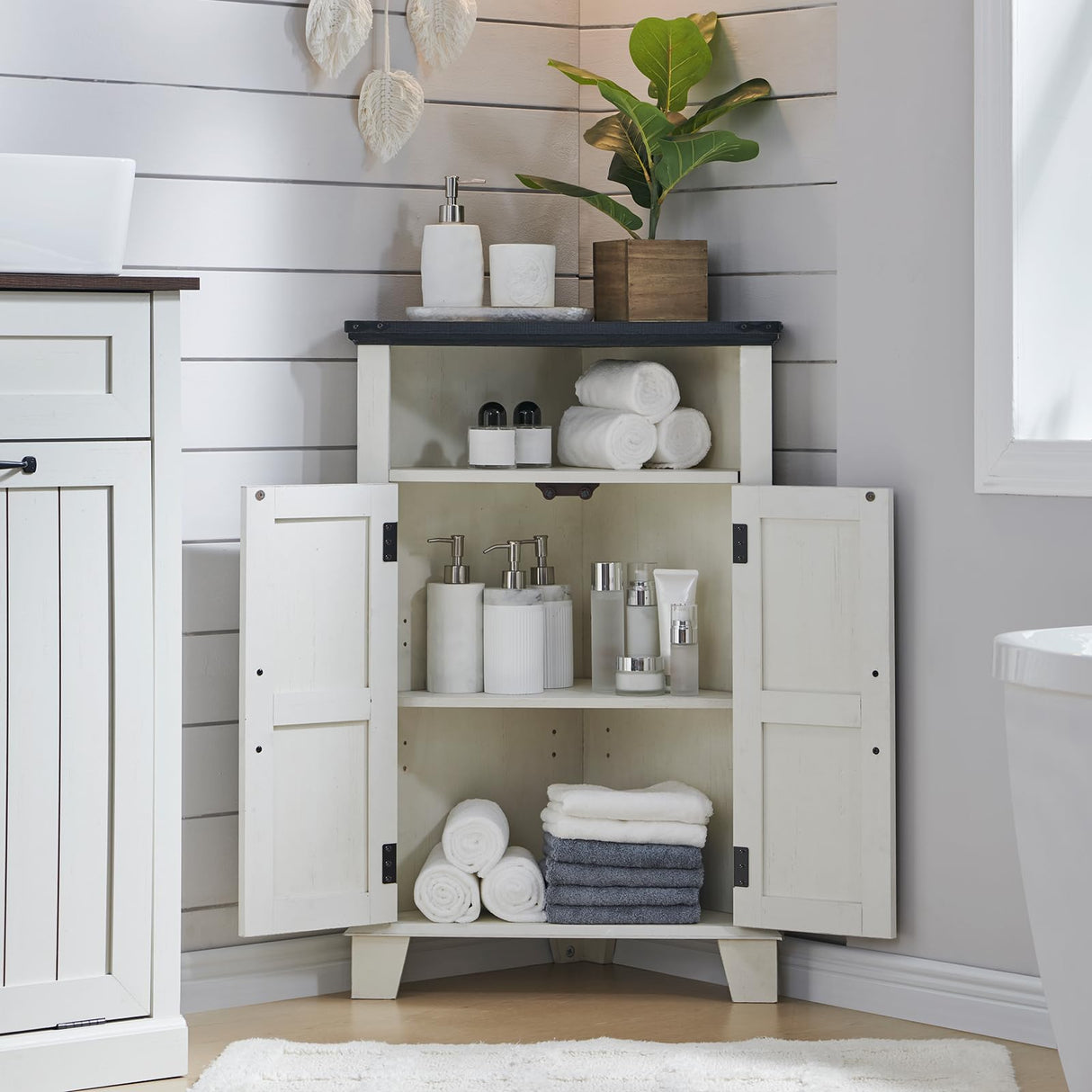 ACCOHOHO Corner Bathroom Cabinet, Farmhouse Small Corner Cabinet with Barn Door & Adjustable Shelf, Corner Kitchen Cabinet, Storage Cabinet for Bathroom, Kitchen, Living Room, Off White ACCOHOHO