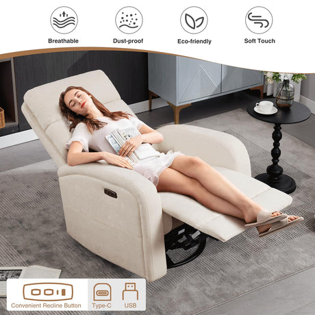 Glider Recliner Nursery Chair, Power Swivel Rocker Recliner with Adjustable Backrest Support, Swivel Rocking Nursery Recliner Chairs with USB and Type-C Ports for Living Room, Chenille Cream White AEMEIOS