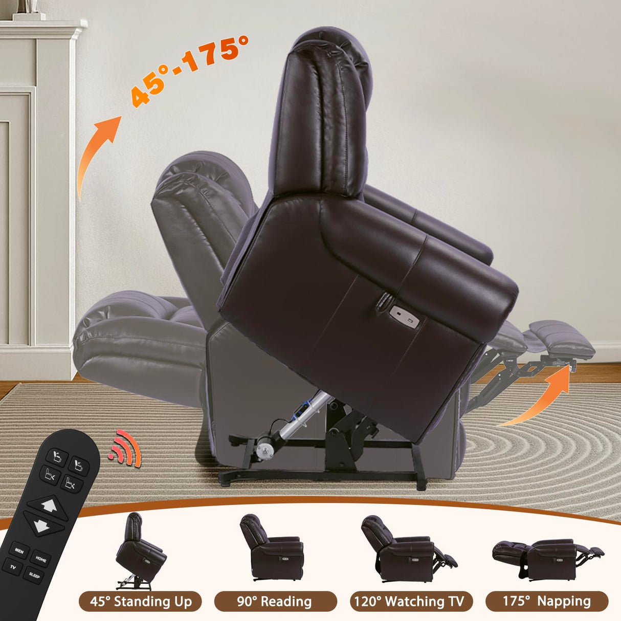 EONIX Classic Dual Motor Power Lift Recliner Chair for Elderly, 400lbs Heavy Duty Breathable Faux Leather Recliner with Heat and Massage, Lay Flat Lift Chair Recliner for Adults, SLRY005, Dark Brown EONIX