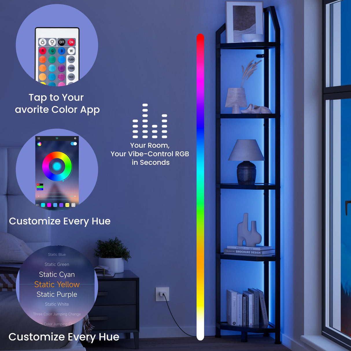 Realgulf 70 Inch Corner Shelf with LED Lights, 5-Tier Corner Bookshelf for Small Spaces, Wood & Metal Storage Rack for Bedroom, Living Room, Office - Modern Space Saving Design- Brown Realgulf