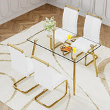 Ebullient Glass Dining Table Set for 4,5 Piece Dining Table and Chairs Set，Modern Kitchen Dining Room Table with 4 White PU Leather Dining Chairs,0.31” Tempered Glass Table Top with Gold Metal Legs Ebullient
