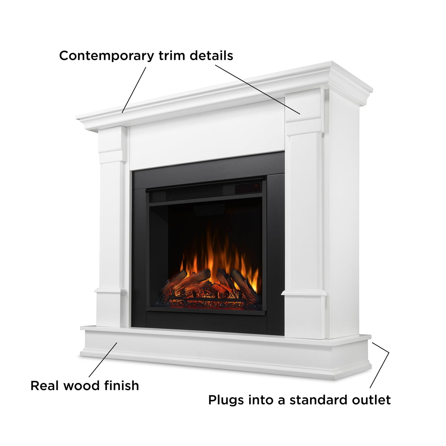 Real Flame Silverton 48” Electric Fireplace with Mantel for Living Room or Bedroom, Replaceable Fireplace Insert Heater, Realistic Log and Flame Effect, Remote Control, Timer, White