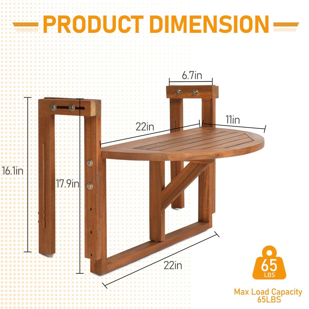 Outvita Balcony Table, Acacia Wood Folding Balcony Bar Table for Railings, 65LBS Load-Bearing Adjustable Height & Width Hanging Bar for Patio, Deck, Porch – Semicircular Outvita