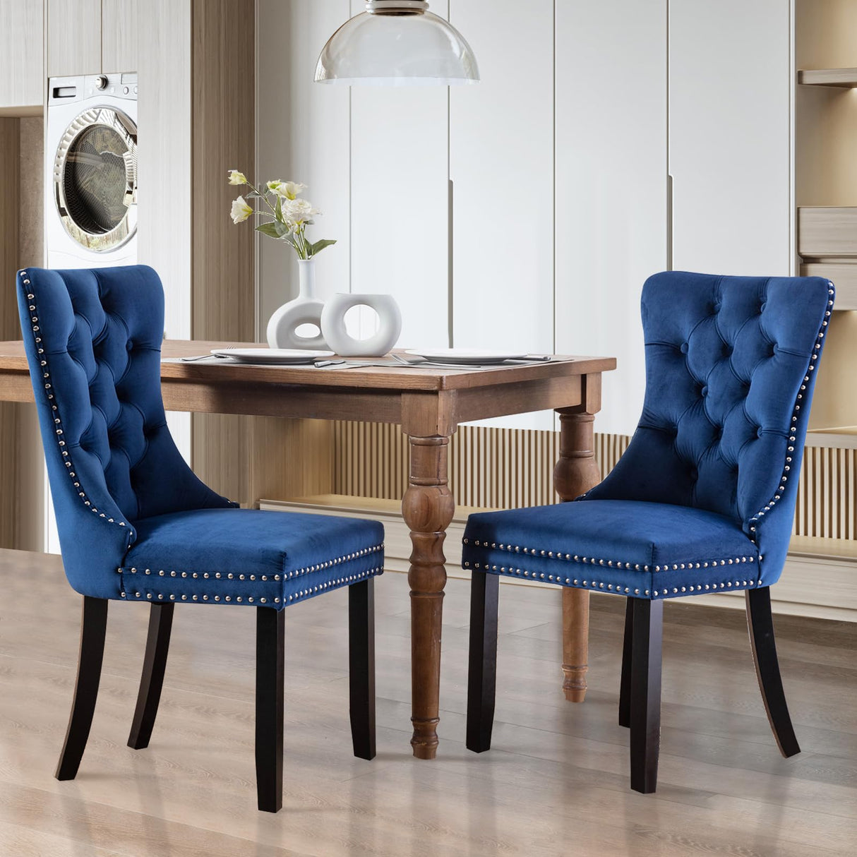 SoarFlash Velvet Dining Chairs Set of 2, Tall Back Side Chair, Modern Upholstered High-end Tufted Side Chair with Button Back Ring, Solid Wood Legs (Blue) SoarFlash
