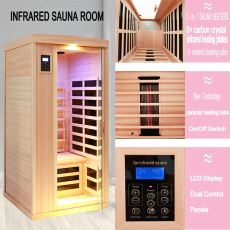 KUNSANA Ceramic 1 Person Infrared Sauna Far Infrared Saunas for Home Hemlock Wood Indoor Sauna Room 2 in 1 Sauna with Low EMF Heaters + Ceramic Heating Cube-Chromotherapy-Bluetooth Speaker KUNSANA