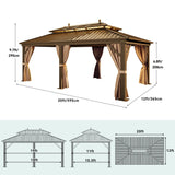 YITAHOME 12x20 ft Hardtop Gazebo with Nettings and Curtains, Outdoor Heavy Duty Aluminum Gazebo Combined of Horizontal and Vertical Stripes Roof for Patio, Backyard, Deck, Lawns and Balcony (Bronze) YITAHOME