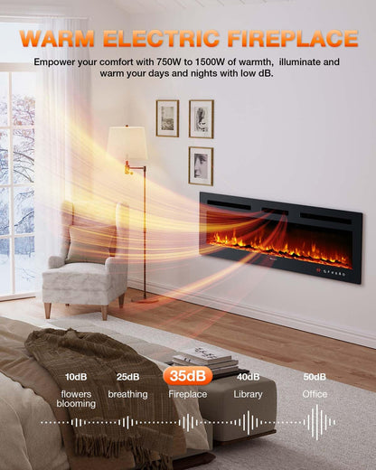 VISVEIL Electric Fireplace 60Inch,Realistic Flame Electric Fireplace Heater,Log Set/Crystal Flames 750-1500W with Timer Inserts/Wall Mounted/TV Stand Touch Screen & Remote for Living Room Easy Install