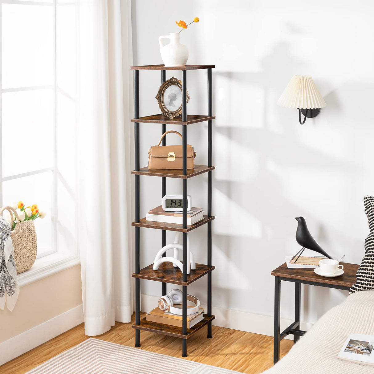 HOOBRO 6-Tier Rustic Brown and Black Corner Shelf for Stylish Storage and Display HOOBRO