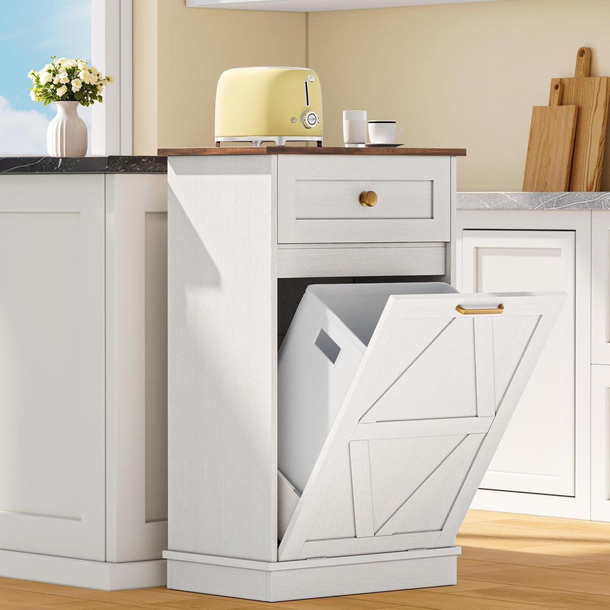 YESHOMY Tilt Out Trash Cabinet,10 Gallon Hidden Wooden Bin Cabinets, Laundry Hamper with Drawers, for Kitchen, Dining Room(Light White) YESHOMY