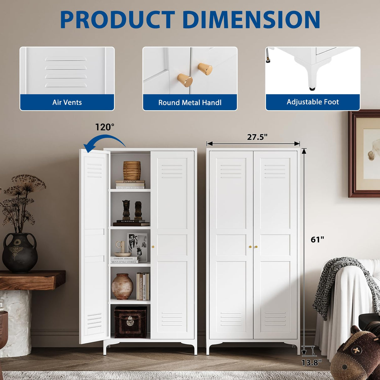 Fesbos Metal Storage Cabinet-61” Tall Steel File Cabinets with Doors and 4 Adjustable Shelves-White Steel Storage Cabinet for Home,Kitchen, School, Office, Garage Fesbos