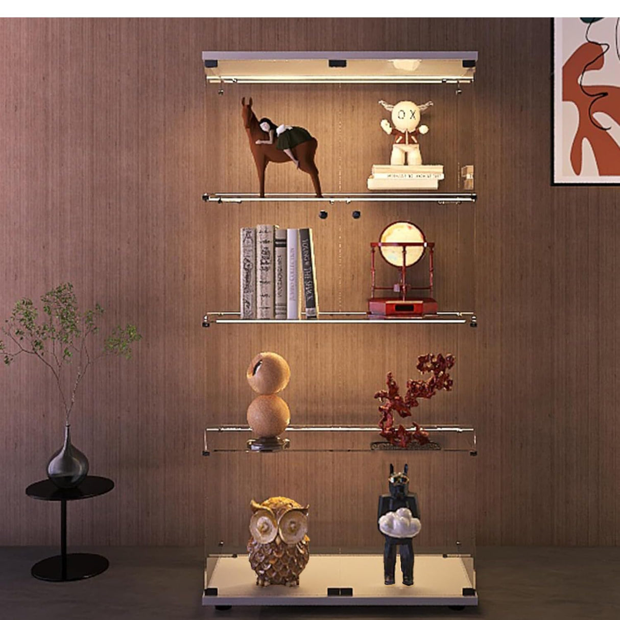 Modern 4-Tier Glass Display Shelf with 2 Doors, Curio Cabinet Collection - Floor Standing Display Case for Living Room, Bedroom, Home Office - 30" W x 14.5" D x 64" H (White with LED Light Strip) Zacis