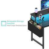 Lufeiya Black Gaming Desk with LED Lights and Power Outlets, 40 Inch Teen Writing Study Table Home Office Desks with Monitor Stand, Computer Desk with Charging Station USB Port, Black Lufeiya