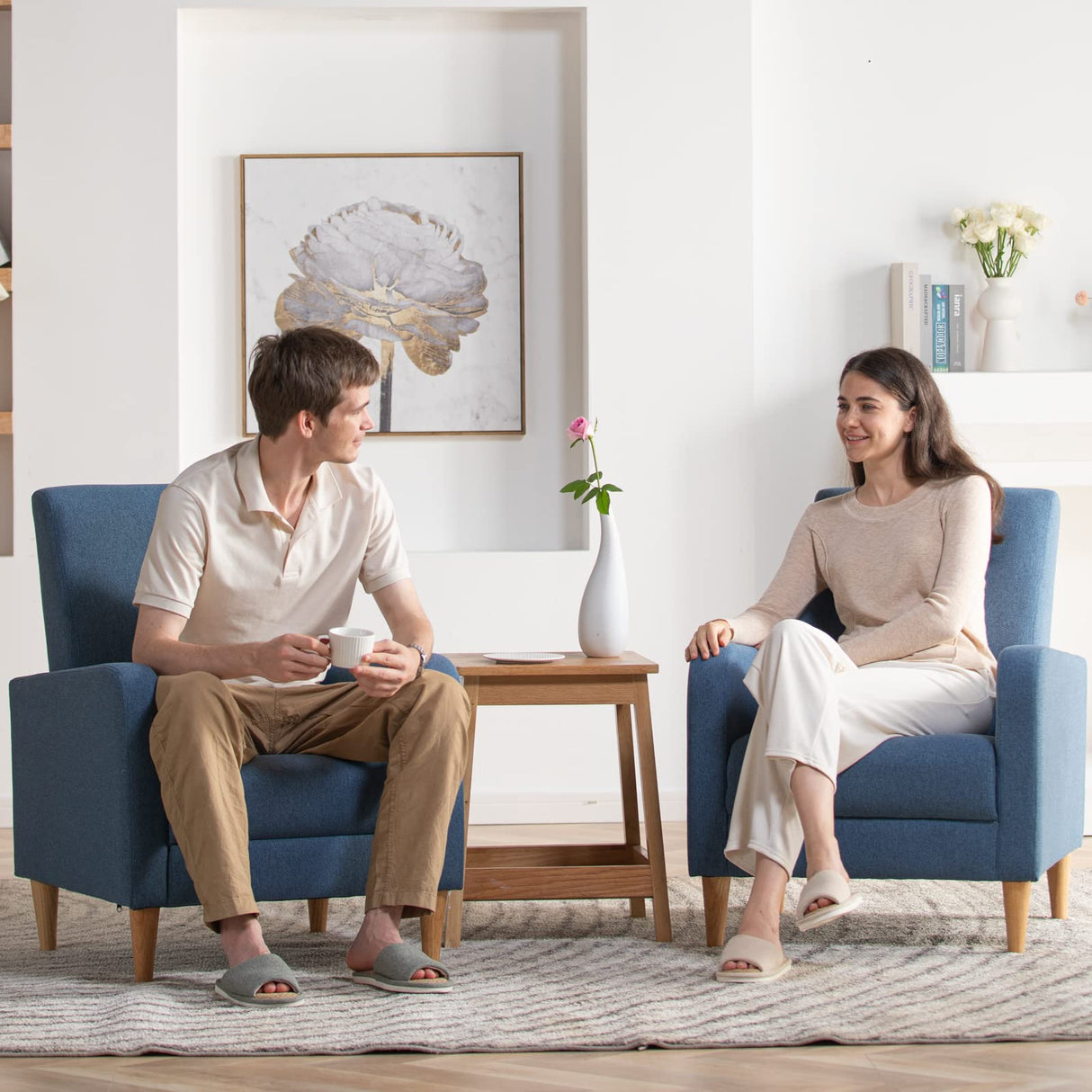 COLAMY Modern Upholstered Accent Chair Armchair with Pillow, Fabric Reading Living Room Side Chair,Single Sofa with Lounge Seat and Wood Legs, Blue COLAMY