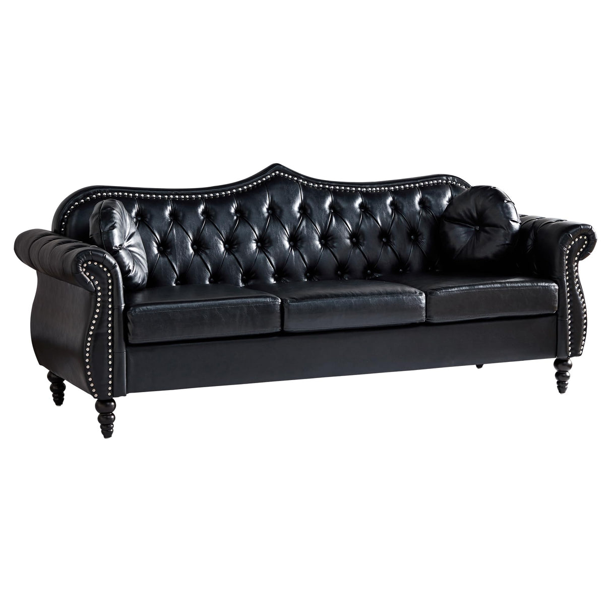 AVZEAR 82" Three Seater Leather Sofa, Chesterfield Sofa, Mid-Century Modern PU Upholstered Sofa Couch, Deep Button Tufted Living Room Sofa with Two Throw Pillows, Black AVZEAR