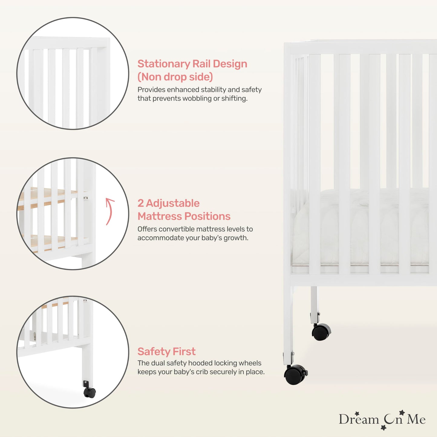 Dream On Me Quinn Full-Size Folding Crib In White, Removeable Wheels, Modern Nursey, Adjustable Mattress Support, Portable Crib, Patented Folding System - WoodArtSupply