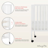 Dream On Me Quinn Full-Size Folding Crib In White, Removeable Wheels, Modern Nursey, Adjustable Mattress Support, Portable Crib, Patented Folding System Dream On Me