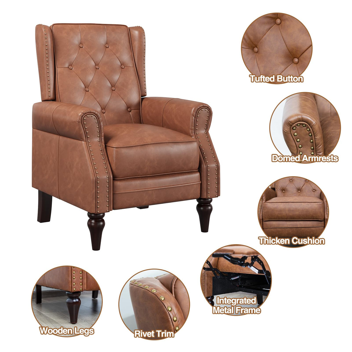 Small Recliner Chair, Single Sofa Recliner Chair with Wingback, Leather Accent Chair with Rivet Decoration for Living Room Bedroom Club Cafe, Matt Brown FiveWillowise