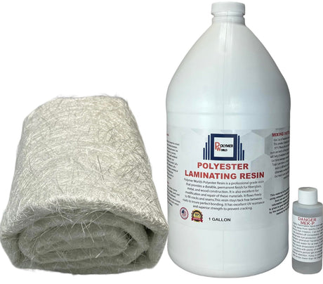 Polymer World- 1 Gal Polyester Resin with Rolled .75x50x5 Yard Chopped Strand Mat, Fiberglass Kit for Boats, Cars, Surfboard, RV, Canoes, Jetski, Watercraft, with MEKP Polymer World