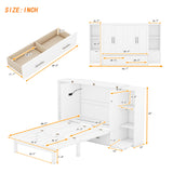 Queen Size Murphy Wall Bed with Storage, Bookcase Headboard, Solid Wood Cabinets, Shelves, Drawers and USB Ports, Multi-Function Platform Bed for Home Office, Guest Room (White) MERITLINE