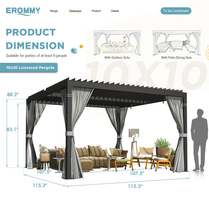 EROMMY Louvered Pergola 10' x 10' Outdoor Hard Top Pergola with Aluminum Frame and Adjustable Metal Rainproof Roof for Garden & Patio, Curtains and Netting Included, Gray-Black