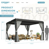 EROMMY 10x10FT Louvered Pergola Outdoor Sun Shade Shelter with Aluminum Frame and Adjustable Metal Rainproof Roof for Garden & Patio, Curtains and Netting Included, Gray-Black EROMMY