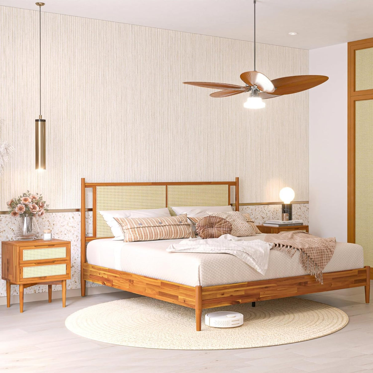 Bme Oliver Headboard Queen Size Bed Frame - 15-Inch Signature Design with Rattan Headboard, Bohemian and Mid Century Style, 12-Slat Wood Support, No Box Spring Needed - Easy Assembly, Caramel Bme