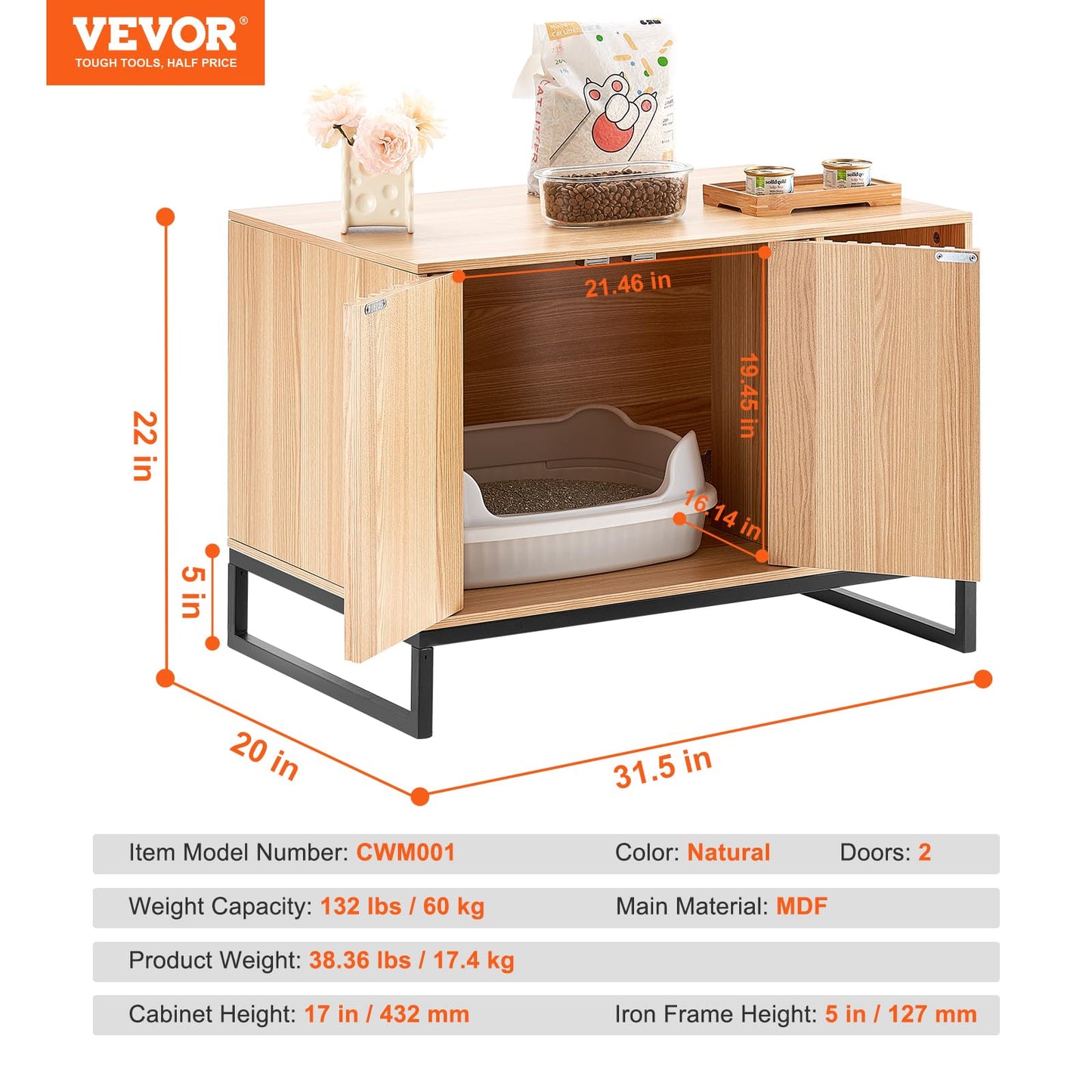 VEVOR Cat Litter Box Enclosure, Hidden Litter Box Furniture with 4 Storage Shelves, Wooden Cat Washroom Indoor, Large Cat House Cabinet Hidden Fit Most Litter Box, 33.5"L x 19.3"W x 72.3"H, Dark Brown