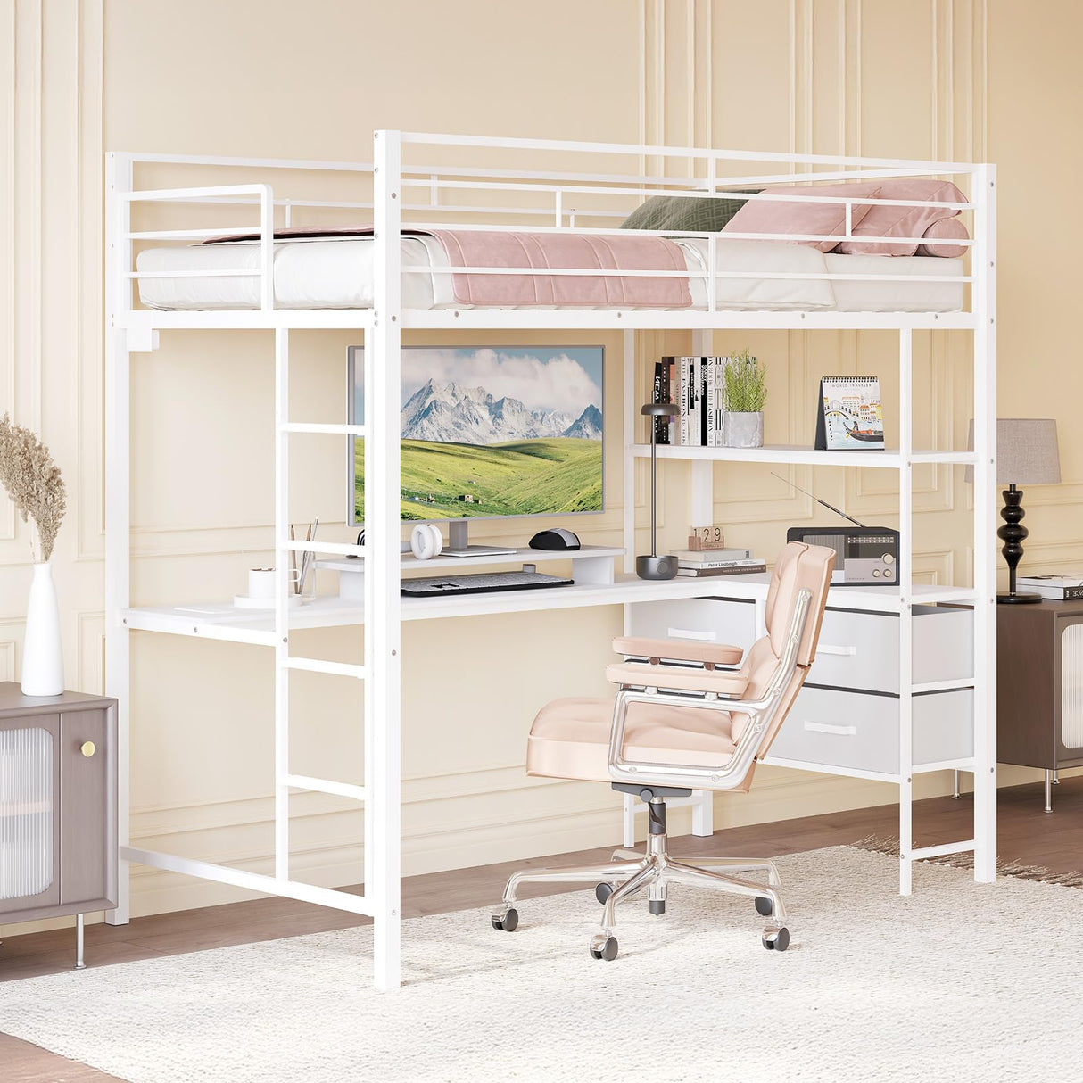 VINGLI Full Metal Loft Bed Frame with L-Shaped Desk/15 Inches Guardrail, Non-Slip Ladder, 2 Charging Stations, 4 Drawers/Storage Shelves/LED Lights, for Kids Teens Adults, No Box Spring Needed, White VINGLI