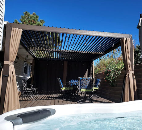 Domi Outdoor Living 10’ X 13’ Outdoor Louvered Pergola Aluminum Patio Garden Pergola with Adjustable Roof for Backyard, Garden w/Curtains and Netting (Dark Brown) domi outdoor living