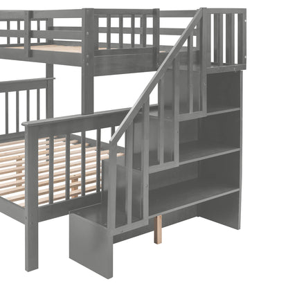 Twin Over Full Bunk Bed with Stairs and Storage Drawers by Harper & Bright Designs in Grey