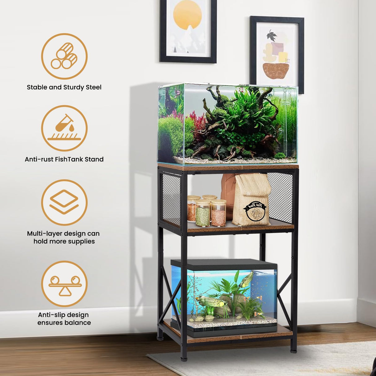 SwaaVee Aquarium Stand, 10 Gallon Fish Tank Stand with Storage, 3 Tier Metal Frame Cabinet Suitable for Fish Tank, Turtle Tank, Rustic Brown (10 Gallon) SwaaVee