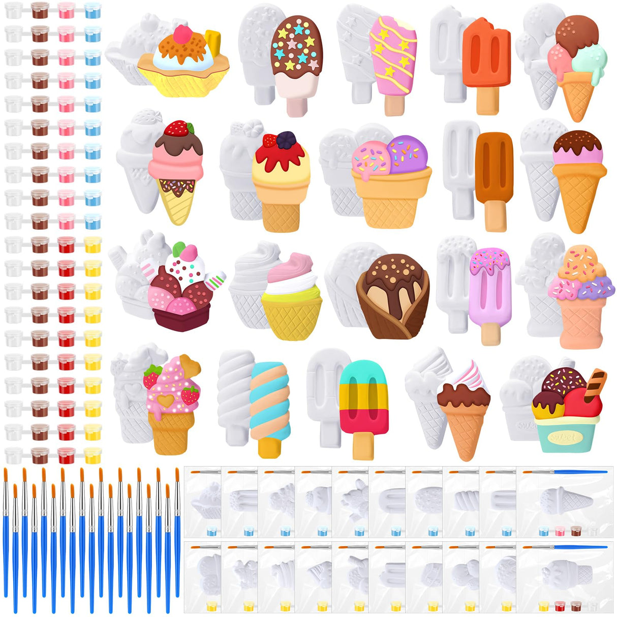 JellyArch 20 Set Ice Cream DIY Painting Kit Ceramic to Paint Your Own Ice Cream Statues Unpainted Plaster Figurines Brushes Acrylic Paints Bags Party Favor for Adults JellyArch
