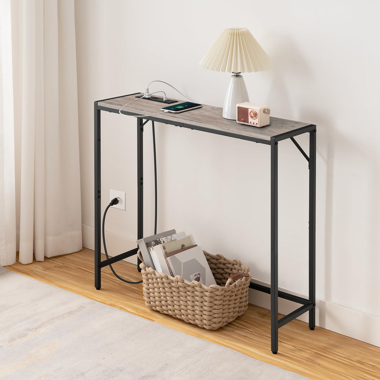 MAHANCRIS Console Table with Power Station, 30.1” Entryway Table, Behind Sofa Table, Industrial Style, Outlets and USB Ports, Sturdy, for Living Room, Entryway, Foyer, Corridor, Greige CTHG76E01 MAHANCRIS
